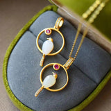 Silver Hetian Chalcedony Charm Pendant Necklace with Diamond
