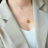South Red Chalcedony Round Pendant Necklace with Silver Inlay