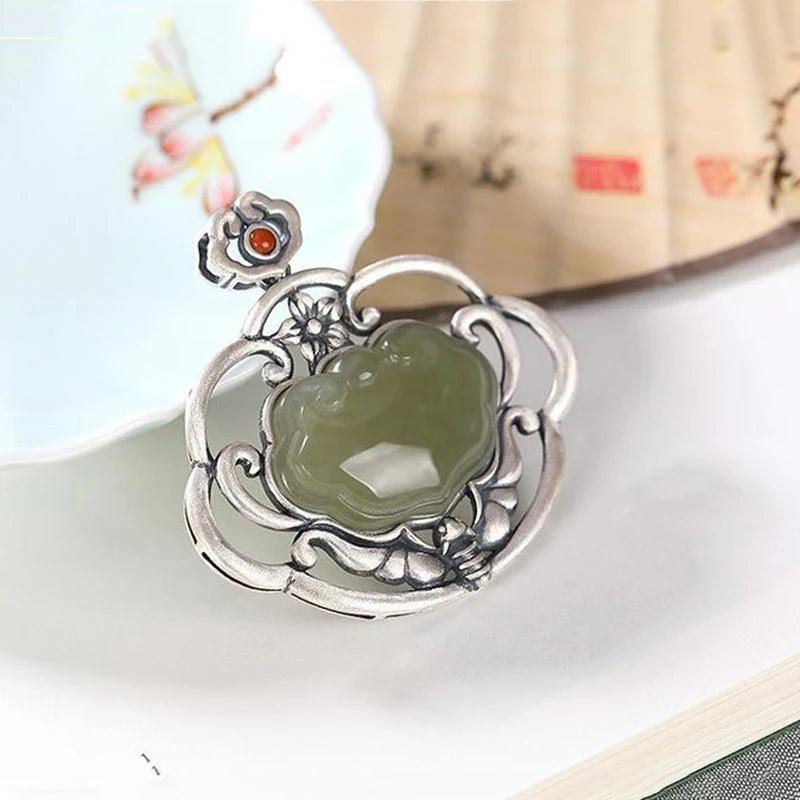 Hetian Jade Silver Geometric Pendant Necklace for Women