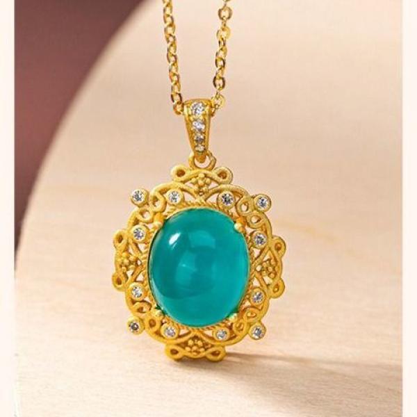 Tianhe Stone Crystal Oval Pendant Necklace Silver Hollow Pattern Women's