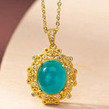 Tianhe Stone Crystal Oval Pendant Necklace Silver Hollow Pattern Women's
