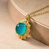 Tianhe Stone Crystal Oval Pendant Necklace Silver Hollow Pattern Women's