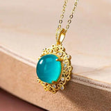 Tianhe Stone Crystal Oval Pendant Necklace Silver Hollow Pattern Women's