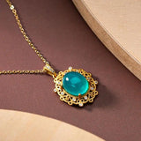Tianhe Stone Crystal Oval Pendant Necklace Silver Hollow Pattern Women's