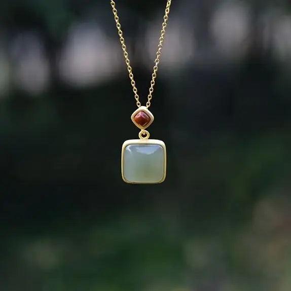 Sterling Silver Hetian Green Jade Pendant Square Chinese Ladies Jewelry