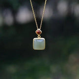 Sterling Silver Hetian Green Jade Pendant Square Chinese Ladies Jewelry