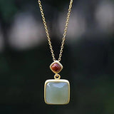 Sterling Silver Hetian Green Jade Pendant Square Chinese Ladies Jewelry