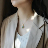 Sterling Silver Hetian Green Jade Pendant Square Chinese Ladies Jewelry