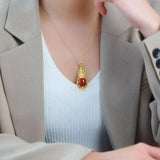 Chinese Retro Red Vase Pendant Necklace with Silver Inlay