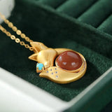 Fox Pendant Necklace Enamel Porcelain Craft Crystal Charm Jewelry