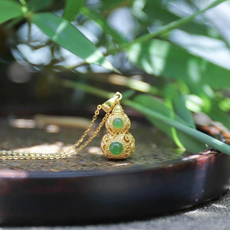 Silver Inlaid Hetian Chalcedony Gourd Pendant Necklace
