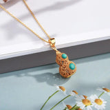 Silver Inlaid Hetian Chalcedony Gourd Pendant Necklace
