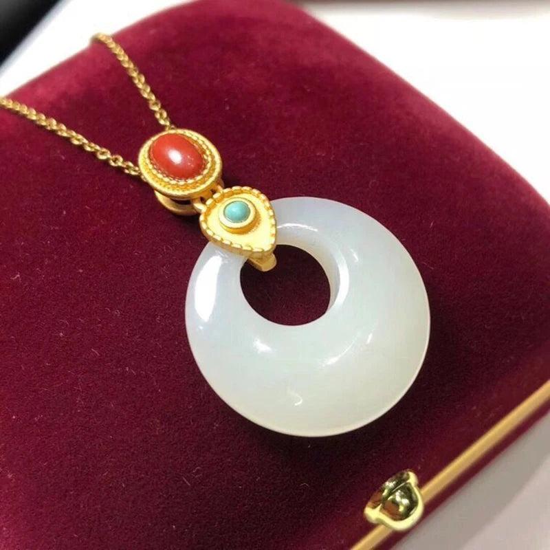 Chinese Hetian Jade Ring Pendant Necklace Retro Niche Charm Jewelry