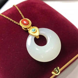 Chinese Hetian Jade Ring Pendant Necklace Retro Niche Charm Jewelry