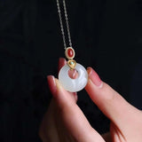 Chinese Hetian Jade Ring Pendant Necklace Retro Niche Charm Jewelry
