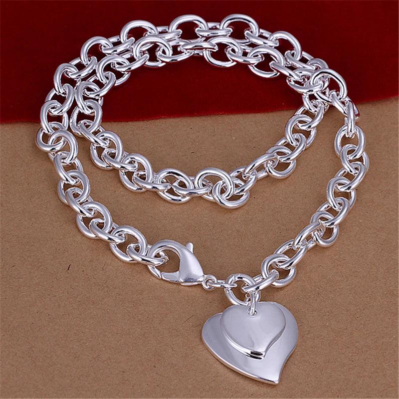 925 Sterling Silver Two Heart Pendant 18 Inch Chain Ladies Wedding Jewelry