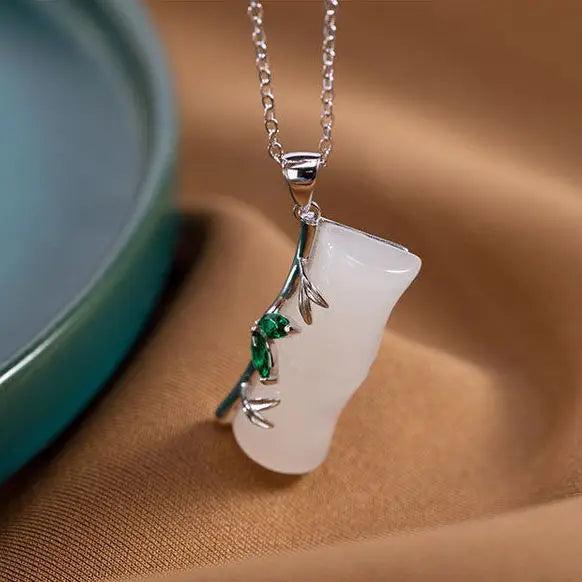 Silver Inlaid Hetian Jade Bamboo Pendant Necklace