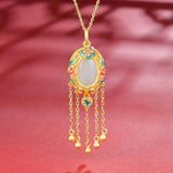 Silver Inlaid Hetian Jade Pendant Flower Long Necklace