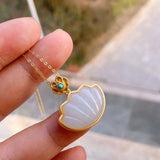 Silver Inlaid Hetian Jade Shell Pendant Necklace