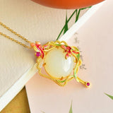 Hetian Jade Enamel Porcelain Flower Pendant Necklace Chinese Style Wedding Jewel