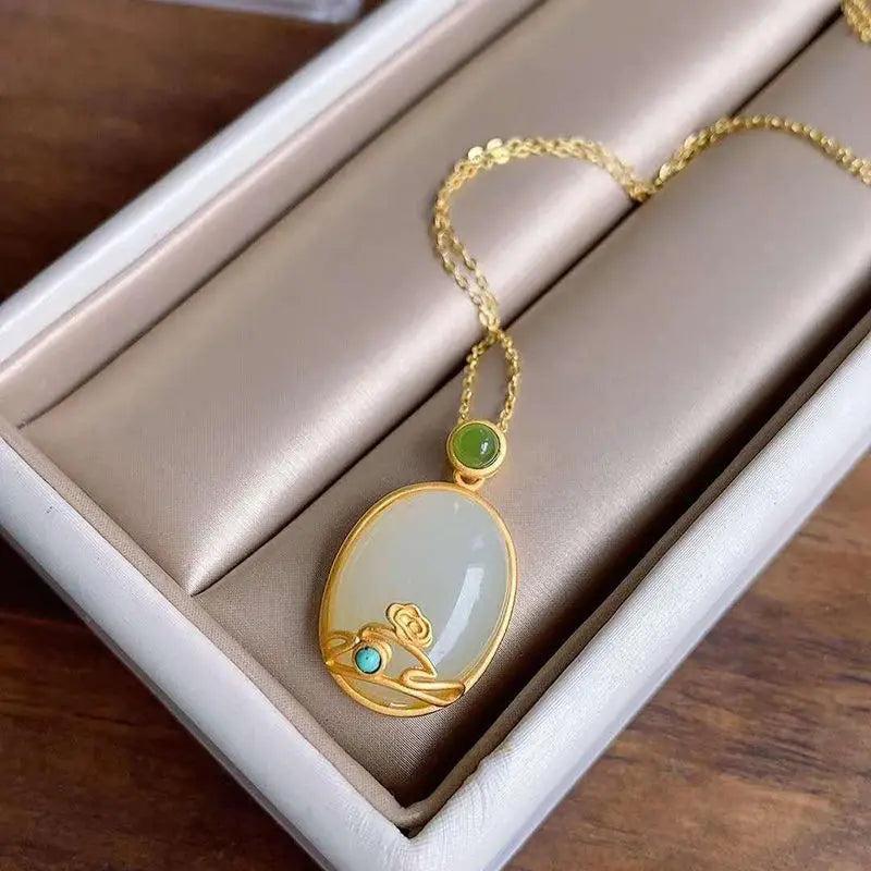 Silver Hetian Jade Pendant Necklace Chinese Women's Ancient Craft Charm Jewelry