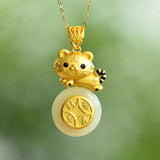 Silver Inlaid Round Hetian Jade Little Tiger Necklace