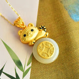 Silver Inlaid Round Hetian Jade Little Tiger Necklace