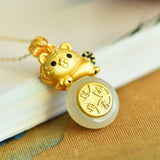 Silver Inlaid Round Hetian Jade Little Tiger Necklace