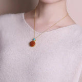 Chinese Retro Geometric Pendant Necklace Enamel Porcelain Women's Jewelry