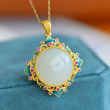 Natural Hetian Jade Flower Pendant Necklace, Classical Silver Jewelry