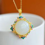 Natural Hetian Jade Flower Pendant Necklace, Classical Silver Jewelry