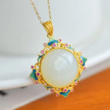 Natural Hetian Jade Flower Pendant Necklace, Classical Silver Jewelry