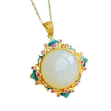 Natural Hetian Jade Flower Pendant Necklace, Classical Silver Jewelry