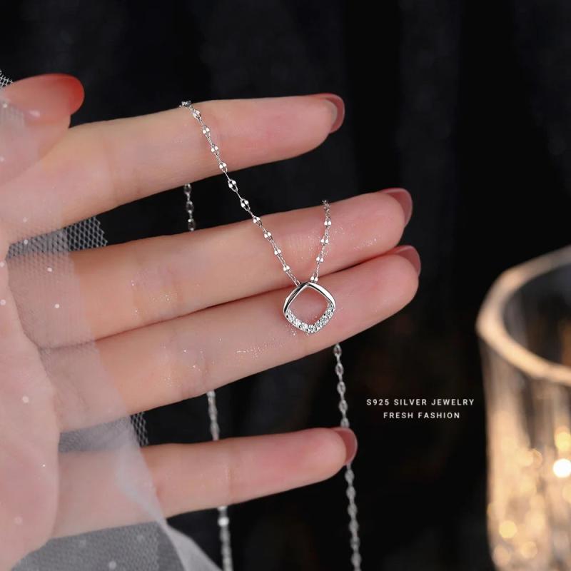 Women's 925 Silver CZ Geometric Pendant Short Necklace Gift