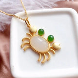 Silver Inlaid Hetian Jade Crab Pendant Necklace Chinese Retro Charming Jewelry