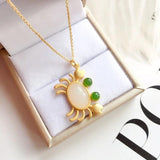 Silver Inlaid Hetian Jade Crab Pendant Necklace Chinese Retro Charming Jewelry