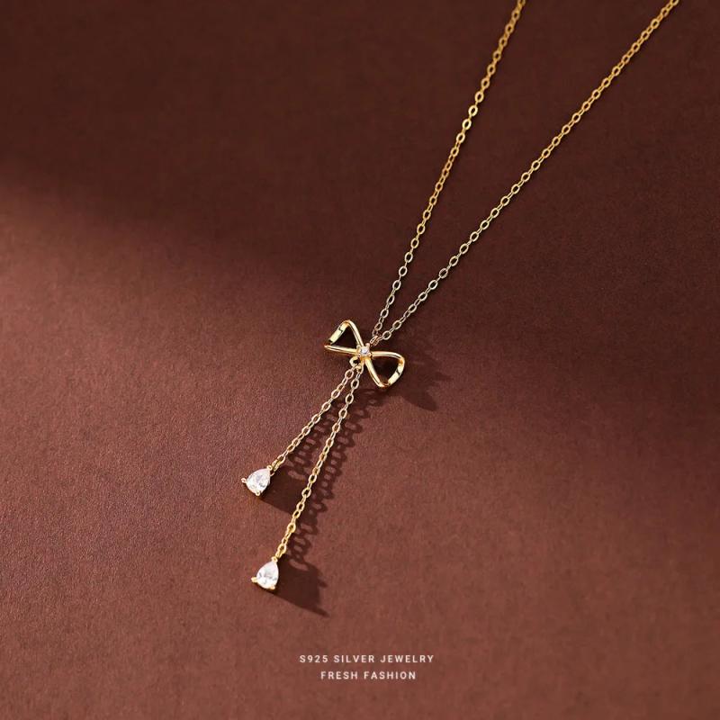 Sterling Silver Bowknot Tassel Pendant Necklaces Women