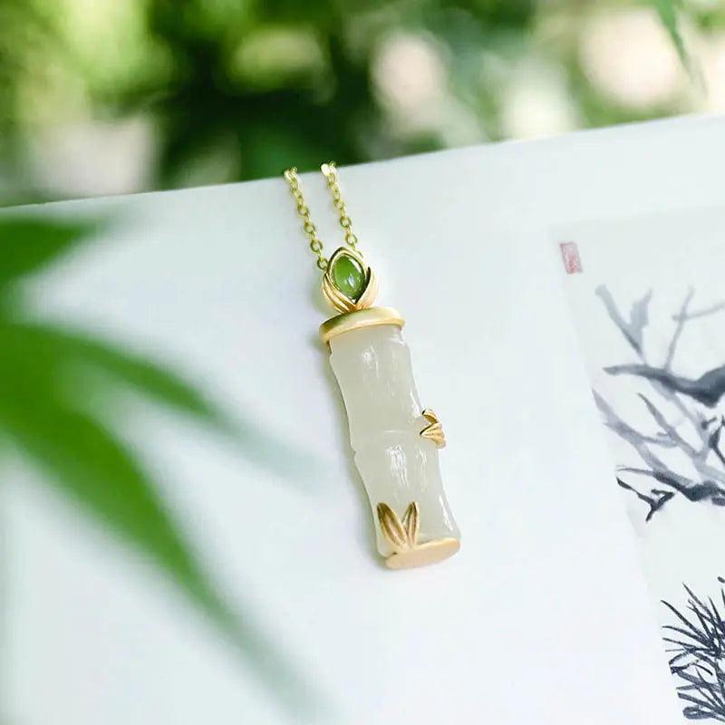 Silver Hetian Jade Bamboo Pendant Necklace Chinese Retro Charm Jewelry