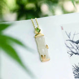 Silver Hetian Jade Bamboo Pendant Necklace Chinese Retro Charm Jewelry