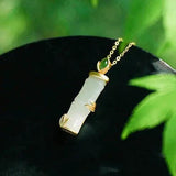 Silver Hetian Jade Bamboo Pendant Necklace Chinese Retro Charm Jewelry