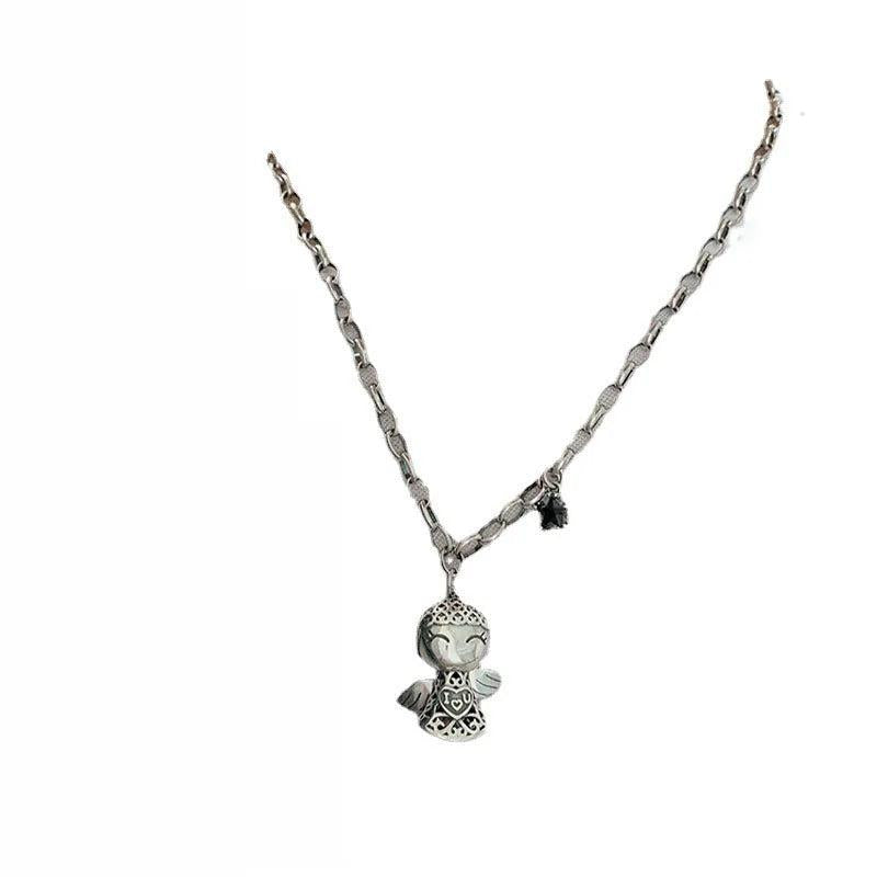 925 Silver Retro Angel Baby Zircon Pendant Choker Necklace for Women
