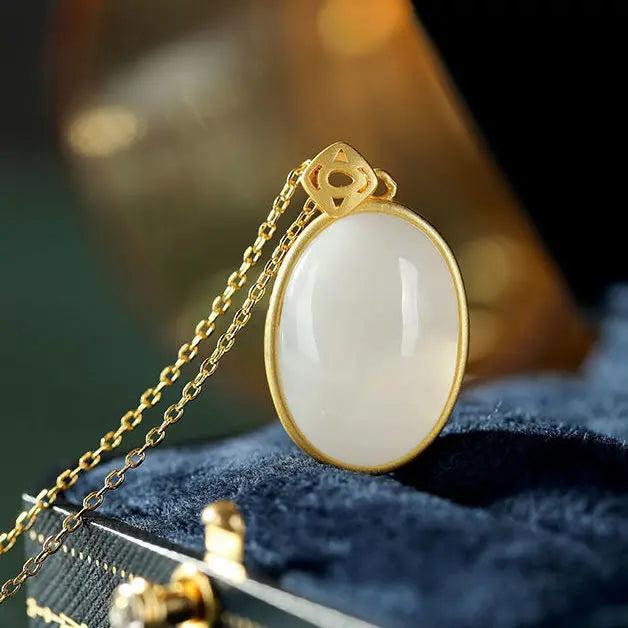 Silver Inlaid Hetian Jade Oval Pendant Necklace Chinese Retro Ancient Charm