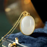Silver Inlaid Hetian Jade Oval Pendant Necklace Chinese Retro Ancient Charm