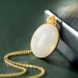 Silver Inlaid Hetian Jade Oval Pendant Necklace Chinese Retro Ancient Charm