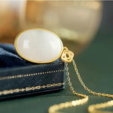 Silver Inlaid Hetian Jade Oval Pendant Necklace Chinese Retro Ancient Charm