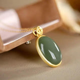 Silver Inlaid Hetian Jade Oval Pendant Necklace Chinese Retro Ancient Charm