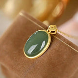 Silver Inlaid Hetian Jade Oval Pendant Necklace Chinese Retro Ancient Charm