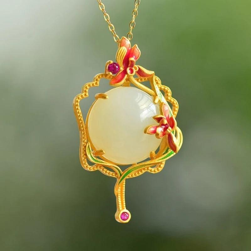 Hetian Jade Enamel Porcelain Flower Pendant Necklace Chinese Style Wedding Jewel