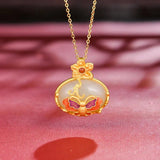 Natural Hetian Jade Oval Pendant Ethnic Wind Butterfly Flower Necklace