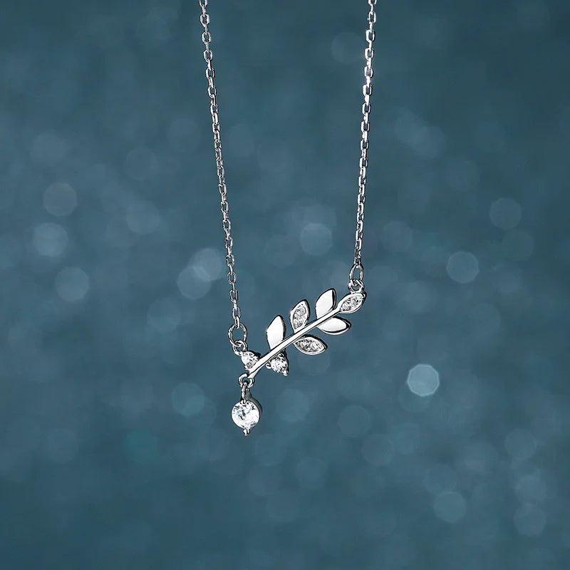 S925 Sterling Silver Leaf Pendant Necklace Zirconia Chain Girl Gift